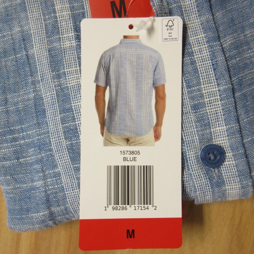 WEATHERPROOF VINTAGE Linen Blend Woven Shirt Mens M Blue Stripe Short Sleeve NWT - Picture 4 of 7